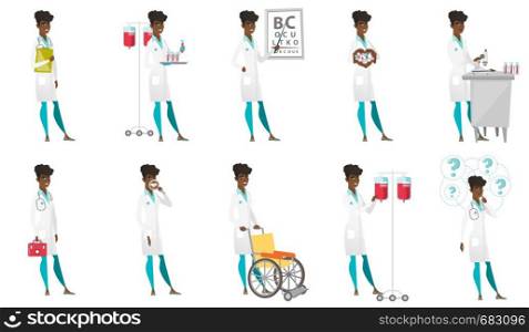 African ophthalmologist standing on the background of eye chart. Ophthalmologist examining vision of a patient with an eye chart. Set of vector flat design illustrations isolated on white background.. Vector set of doctor characters.