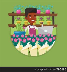 African owner of flower shop using phone and laptop. Owner of flower shop standing behind counter. Owner of flower shop at work. Vector flat design illustration in the circle isolated on background.. Florist at flower shop vector illustration.
