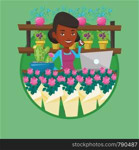 African owner of flower shop using phone and laptop. Owner of flower shop standing behind counter. Owner of flower shop at work. Vector flat design illustration in the circle isolated on background.. Owner of flower shop using phone and laptop.