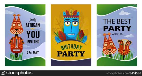 African party invitation cards set. Ethnic tribal masks, traditional totem vector illustrations with text. Creative design for announcement posters and festive flyers