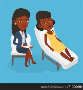 African patient lying on sofa and talking about problems with psychotherapist or psychologist. Psychologist having session with patient in depression. Vector flat design illustration. Square layout.. Psychologist having session with patient.