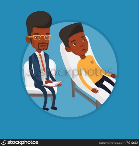 African patient talking about problems with psychotherapist or psychologist. Psychologist having session with depressed patient. Vector flat design illustration in the circle isolated on background.. Psychologist having session with patient.