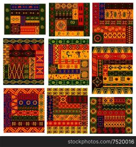 African patterns. Vector african ethnic ornaments with tribal and national pattern of stylized graphic elements of plants, flowers, human, anumals. Bright color geometric shapes for fabric, textile, tapestry decoration. African ethnic patterns and ornaments