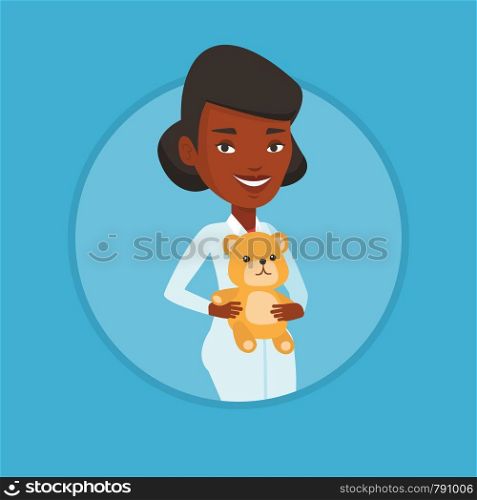 African pediatrician in medical gown. Pediatrician doctor holding a teddy bear. Pediatrician doctor standing with a teddy bear. Vector flat design illustration in the circle isolated on background.. Pediatrician doctor holding teddy bear.