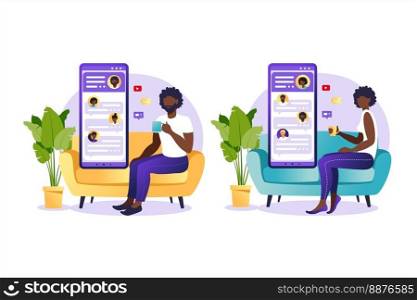 African people chatting in the smartphone screen, virtual relationship vector illustration concept. Dating app or chat concept. Vector illustration for online dating app users.