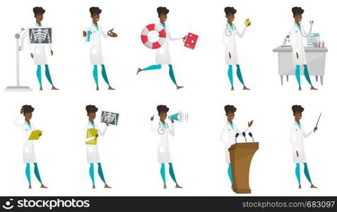 African pharmacist holding a glass of water and pills in hands. Young pharmacist in medical gown. Pharmacist giving medication. Set of vector flat design illustrations isolated on white background.. Vector set of doctor characters.