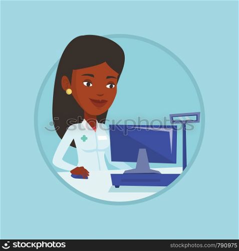 African pharmacist in drugstore. Pharmacist in medical gown standing at the pharmacy counter. Pharmacist working on a computer. Vector flat design illustration in the circle isolated on background.. Pharmacist at counter with cash box.