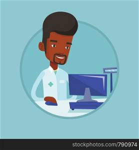 African pharmacist in medical gown standing at the pharmacy counter. Pharmacist in the drugstore. Pharmacist working on a computer. Vector flat design illustration in the circle isolated on background. Pharmacist at counter with cash box.