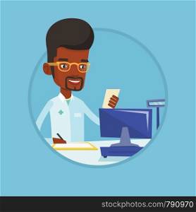 African pharmacist standing at the pharmacy counter with prescription and writing on clipboard. Pharmacist reading prescription. Vector flat design illustration in the circle isolated on background.. Pharmacist writing prescription.