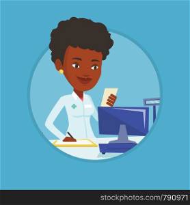 African pharmacist standing at the pharmacy counter with prescription and writing on clipboard. Pharmacist reading prescription. Vector flat design illustration in the circle isolated on background.. Pharmacist writing prescription.
