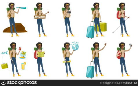 African photographer with digital camera. Travel photographer with digital camera making photo. Woman traveler with digital camera. Set of vector flat design illustrations isolated on white background. Vector set with traveler characters.