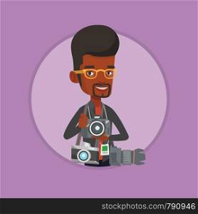 African photographer with many photo cameras equipment. Paparazzi with many cameras. Professional journalist with many cameras. Vector flat design illustration in the circle isolated on background.. Paparazzi taking photo vector illustration.