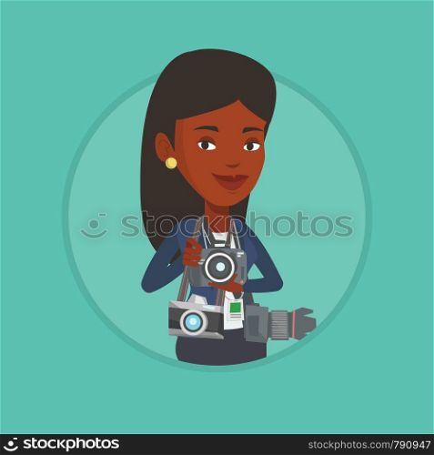 African photographer with many photo cameras equipment. Paparazzi with many cameras. Professional journalist with many cameras. Vector flat design illustration in the circle isolated on background.. Photographer taking photo vector illustration.