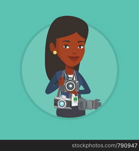 African photographer with many photo cameras equipment. Paparazzi with many cameras. Professional journalist with many cameras. Vector flat design illustration in the circle isolated on background.. Photographer taking photo vector illustration.