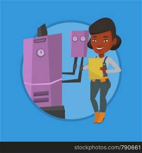 African plumber making some notes in clipboard. Plumber inspecting heating system in boiler room. Plumber in overalls at work. Vector flat design illustration in the circle isolated on background.. Confident plumber with clipboard.