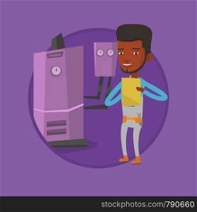 African plumber making some notes in his clipboard. Plumber inspecting heating system in boiler room. Smiling plumber at work. Vector flat design illustration in the circle isolated on background.. Confident plumber with clipboard.