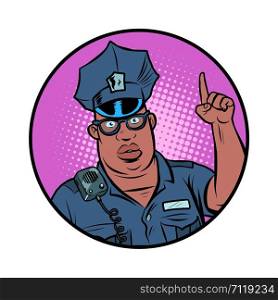 african police officer index finger up. Comic cartoon pop art retro vector drawing illustration. african police officer index finger up