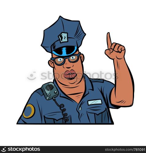 african police officer index finger up. Comic cartoon pop art retro vector drawing illustration. african police officer index finger up