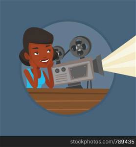 African projectionist showing film. Woman sitting near film projector in the room of projectionist. Young projectionist at work. Vector flat design illustration in the circle isolated on background.. African-american projectionist showing new film.