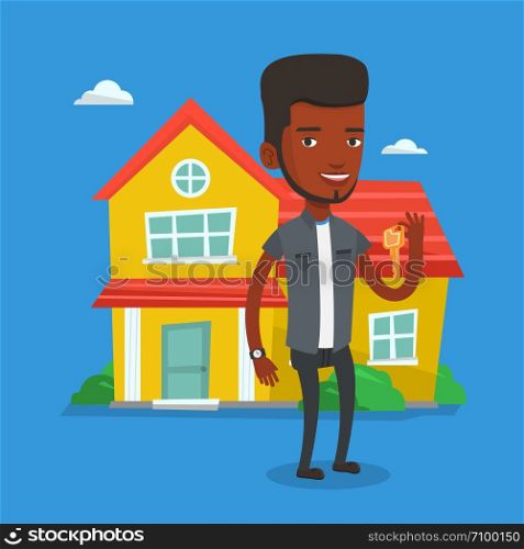 African real estate agent holding key. Smiling real estate agent with keys standing on the background of house. Happy new owner of a house with key. Vector flat design illustration. Square layout.. Real estate agent with key vector illustration.