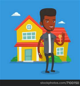 African real estate agent holding key. Smiling real estate agent with keys standing on the background of house. Happy new owner of a house with key. Vector flat design illustration. Square layout.. Real estate agent with key vector illustration.
