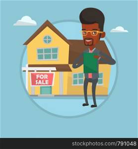 African real estate agent selling a house. Real estate agent signing home purchase contract in front of for sale sign and house. Vector flat design illustration in the circle isolated on background.. Real estate agent signing contract.