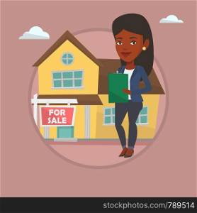 African real estate agent signing home purchase contract. Real estate agent standing in front of the house with placard for sale. Vector flat design illustration in the circle isolated on background.. Real estate agent signing contract.