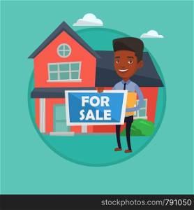 African realtor offering the house. Realtor with placard for sale and documents in hands standing on the background of house. Vector flat design illustration in the circle isolated on background.. Real estate agent offering house.