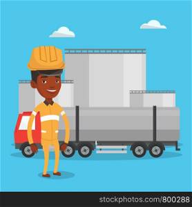 African refinery worker of oil and gas industry. Worker standing on the background of fuel truck and oil refinery plant. Man working at refinery plant. Vector flat design illustration. Square layout.. Worker on background of fuel truck and oil plant.