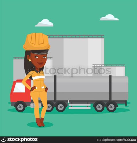 African refinery worker of oil and gas industry. Worker standing on the background of fuel truck and oil refinery plant. Woman working at refinery plant. Vector flat design illustration. Square layout. Worker on background of fuel truck and oil plant.