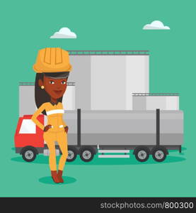 African refinery worker of oil and gas industry. Worker standing on the background of fuel truck and oil refinery plant. Woman working at refinery plant. Vector flat design illustration. Square layout. Worker on background of fuel truck and oil plant.