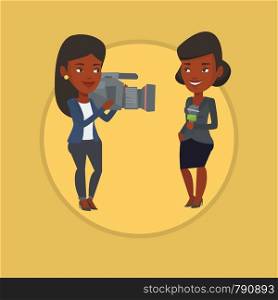 African reporter with microphone presenting the news. Young operator filming reporter. Reporter and operator recording the news. Vector flat design illustration in the circle isolated on background.. TV reporter and operator vector illustration.
