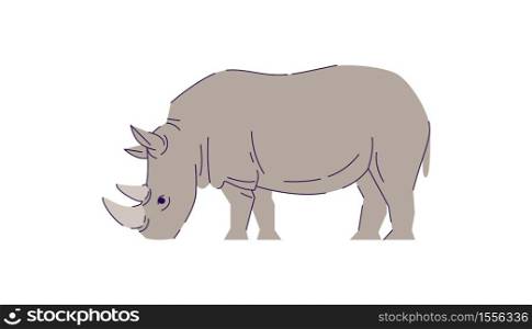 African rhino eating semi flat RGB color vector illustration. Indonesian wildlife mammal. Safari conservation endangered creature. Wild animal isolated cartoon character on white background. African rhino eating semi flat RGB color vector illustration