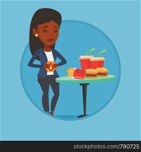 African sad woman having stomach ache from heartburn. Woman suffering from heartburn. Woman having stomach ache after fast food. Vector flat design illustration in the circle isolated on background.. Woman suffering from heartburn vector illustration