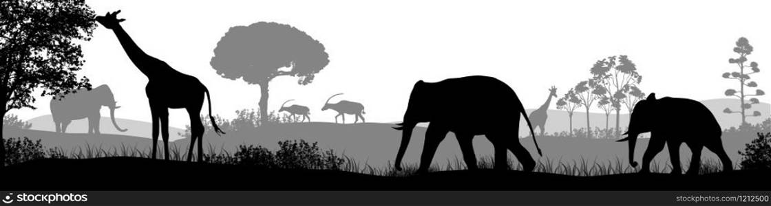 African safari animal silhouette landscape scene on white background, vector illustration