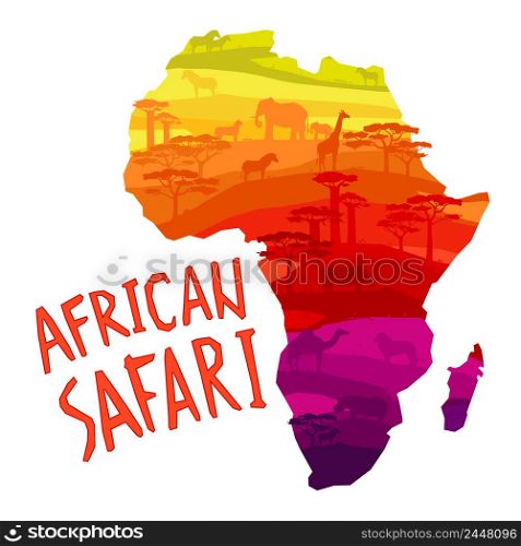 African safari concept with African mainland silhouette filled with animals and trees concept vector illustration.. African animals silhouettes in sunset