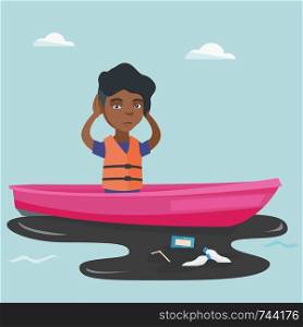 African sanitation worker floating on a boat in polluted water. Frustrated woman clutching head while looking at polluted water. Water pollution concept. Vector cartoon illustration. Square layout.. Young woman floating on a boat in polluted water.