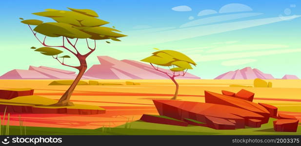 African savannah landscape, wild nature of Africa, cartoon background with green trees, rocks and plain grassland field under blue clear sky. Kenya panoramic view, parallax scene, Vector illustration. African savannah landscape, wild nature of Africa