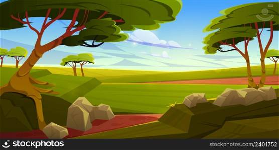 African savannah landscape, wild nature of Africa, cartoon background with green trees, rocks and plain grassland field under blue cloudy sky. Kenya panoramic view, parallax scene, Vector illustration. African savannah landscape, wild nature of Africa