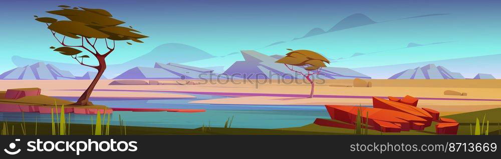 African savannah with river and acacia trees at sunset. Vector cartoon panoramic illustration of savanna landscape with green grass, water stream and mountains on horizon. African savannah with river and acacia trees