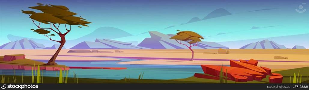 African savannah with river and acacia trees at sunset. Vector cartoon panoramic illustration of savanna landscape with green grass, water stream and mountains on horizon. African savannah with river and acacia trees