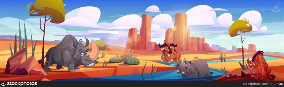 African savannah with river and wild animals. Savanna landscape with sand, trees, cactuses, mountains, waterhole, rhino, hyena, hippo and wildebeest, vector cartoon illustration. African savannah with river and wild animals