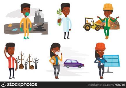 African scientist holding test tube with plant. Scientist analyzing plant in test tube. Scientist showing test tube with plant. Set of vector flat design illustrations isolated on white background.. Vector set of characters on ecology issues.