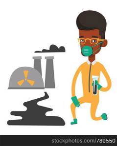 African scientist in gas mask and radiation protective suit holding test-tube with black liquid on the background of nuclear power plant. Vector flat design illustration isolated on white background.. Laboratory assistant with test tube.