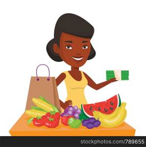 African shopper standing at the table with grocery purchases. Shopper holding money in hand in front of table with grocery purchases. Vector flat design illustration isolated on white background.. Woman standing at the table with shopping bag.