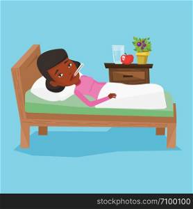 African sick woman with fever laying in bed. Sick woman measuring temperature with thermometer in mouth. Sick woman suffering from cold or flu virus. Vector flat design illustration. Square layout.. Sick woman with thermometer laying in bed.