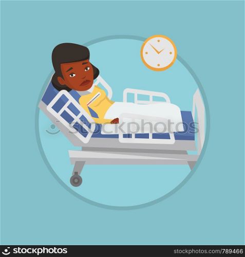 African sick woman with fever laying in bed. Sick woman measuring temperature with thermometer. Sick woman suffering from flu virus. Vector flat design illustration in circle isolated on background.. Woman with neck injury vector illustration.
