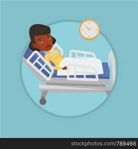 African sick woman with fever laying in bed. Sick woman measuring temperature with thermometer. Sick woman suffering from flu virus. Vector flat design illustration in circle isolated on background.. Woman with neck injury vector illustration.
