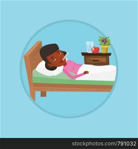 African sick woman with fever laying in bed. Sick woman measuring temperature with thermometer. Sick woman suffering from cold. Vector flat design illustration in the circle isolated on background.. Sick woman with thermometer laying in bed.