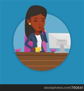 African sleepy employee drinking coffee at work. Tired employee yawning while working in office. Exhausted young employee yawning. Vector flat design illustration in the circle isolated on background.. Tired employee working in office.